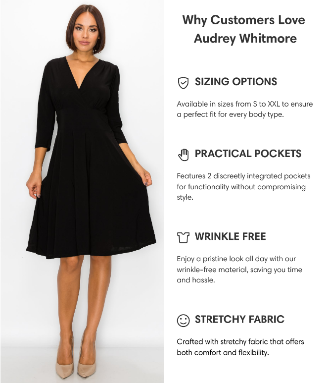 Middleton 3/4 Sleeve Solid Black Dress
