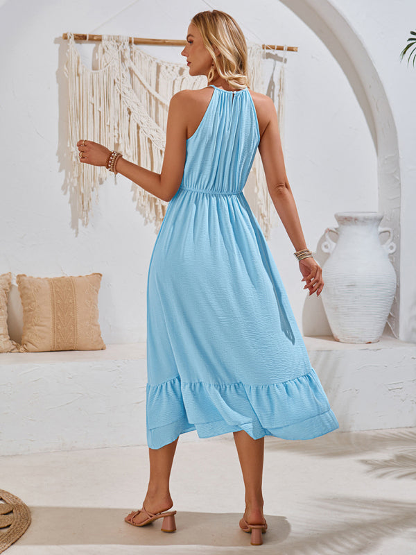 Aria Solid Blue Color Halter V-Neck Sleeveless Waist Dress