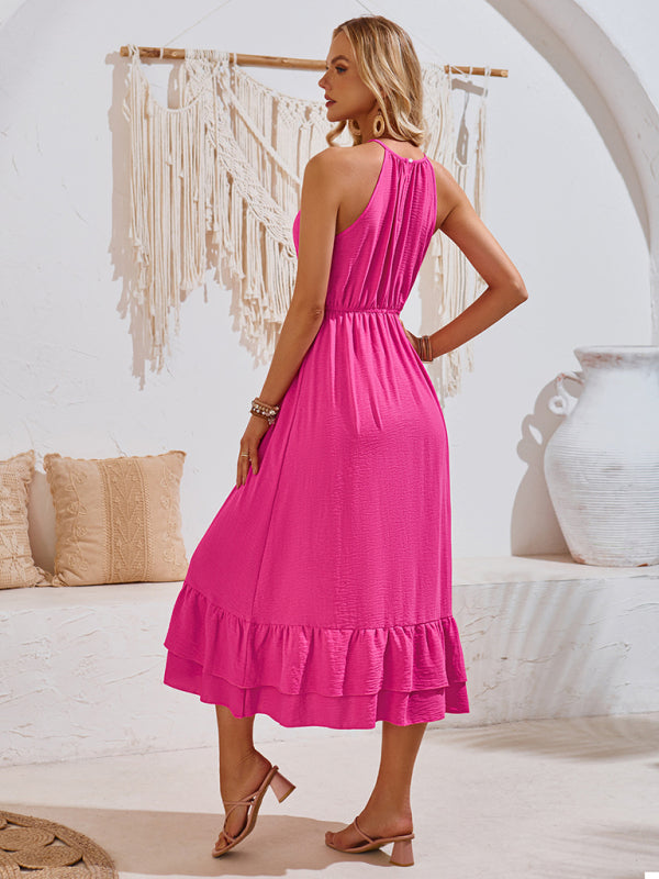 Aria Solid Blue Color Halter V-Neck Sleeveless Waist Dress