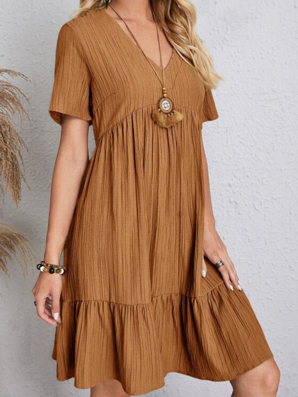 Ellla Wrinkle Breathable Loose Hem V-neck Short Sleeve Red Solid Color Dress