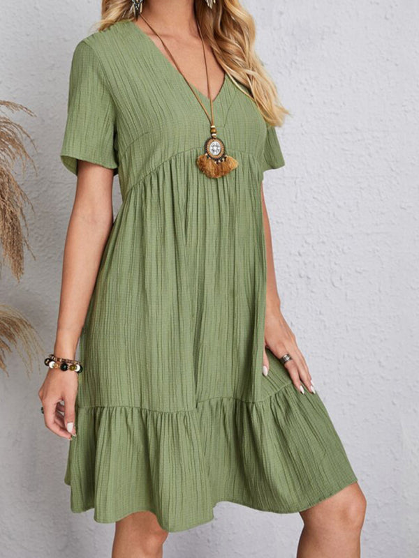 Ellla Wrinkle Breathable Loose Hem V-neck Short Sleeve Red Solid Color Dress
