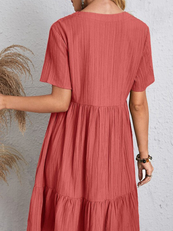 Ellla Wrinkle Breathable Loose Hem V-neck Short Sleeve Red Solid Color Dress