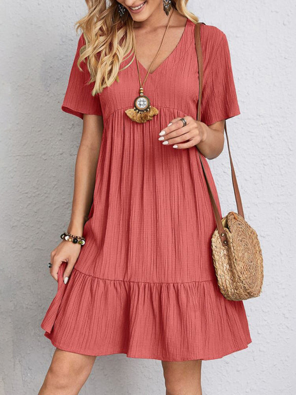 Ellla Wrinkle Breathable Loose Hem V-neck Short Sleeve Red Solid Color Dress
