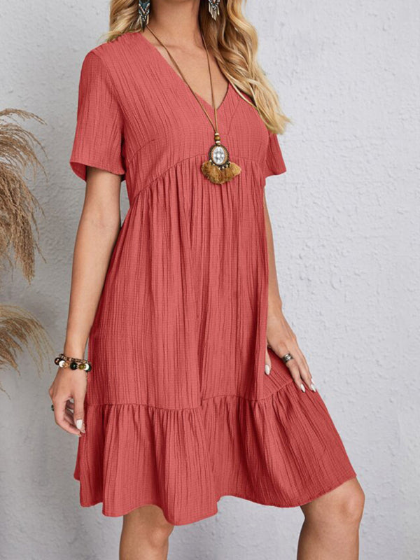 Ellla Wrinkle Breathable Loose Hem V-neck Short Sleeve Red Solid Color Dress