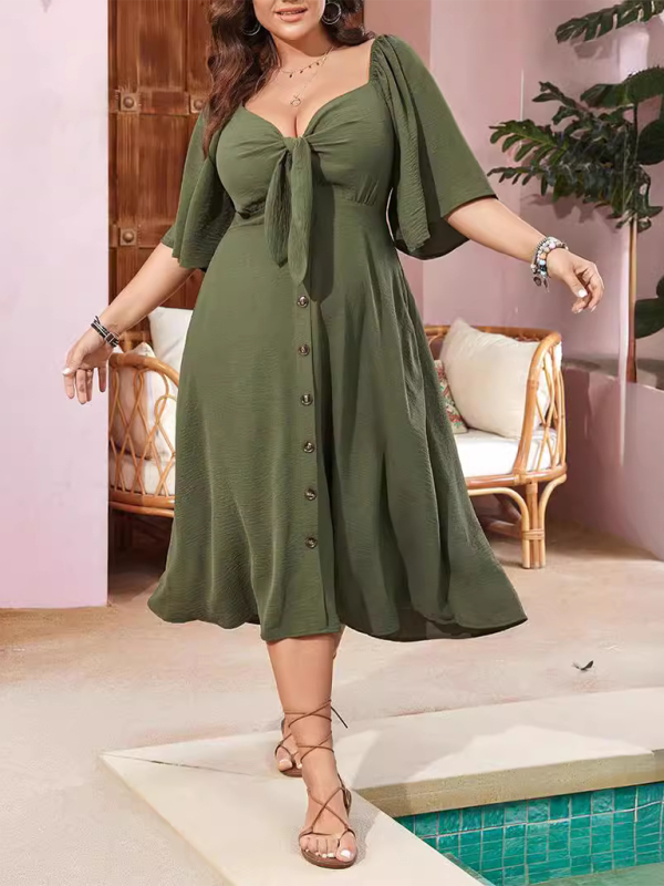 Carina Bow V-Neck Short Sleeve Red Dress