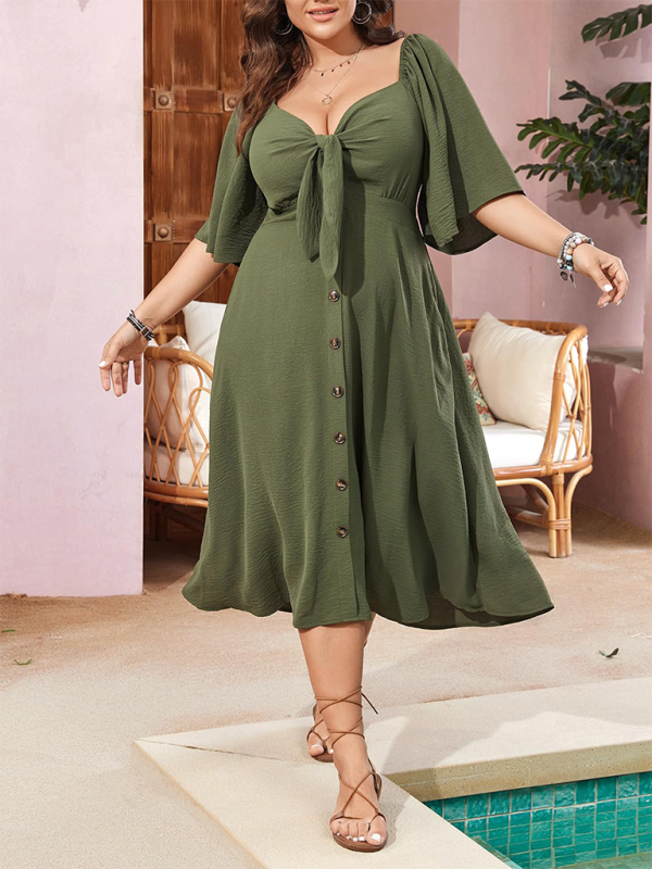 Carina Bow V-Neck Short Sleeve Red Dress