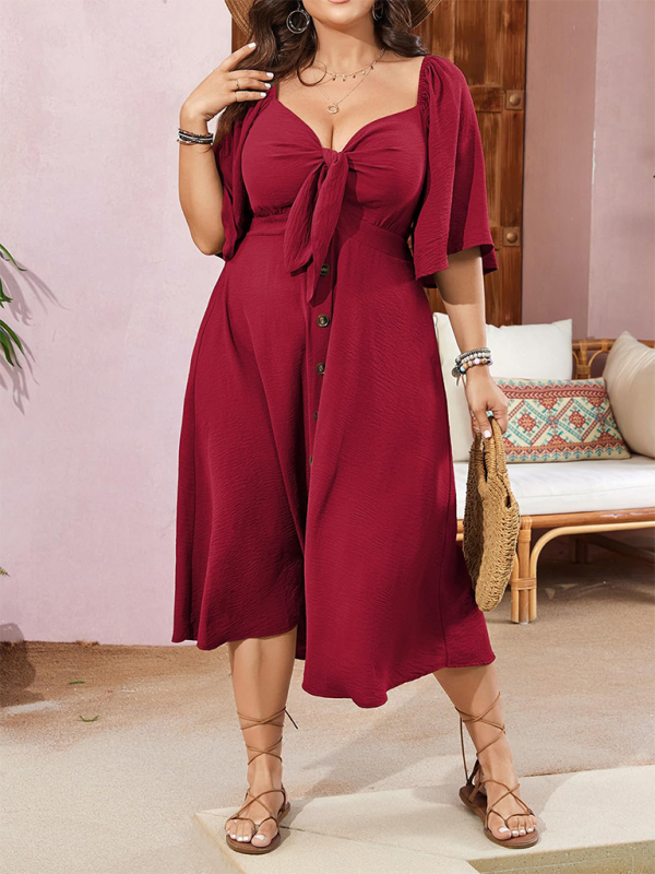 Carina Bow V-Neck Short Sleeve Red Dress