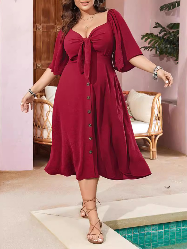 Carina Bow V-Neck Short Sleeve Red Dress