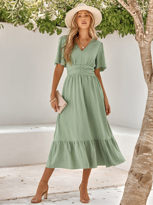 Jardine Summer V-Neck Solid Sage Green Dress